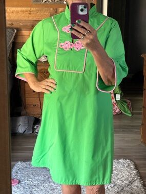 Bright Green Shift Dress with Pink Trim